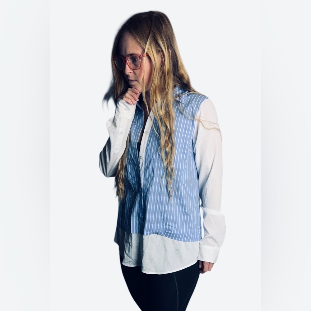 Calvin Klein Light Blue and White Striped Top
